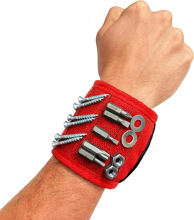 MagSnap Magnetic Wristband by Wrap-It Storage - Red - Great Gift for Dad Tool Belt and Screw Holder