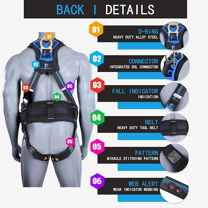 Safety Harness Fall Protection Kit,5pt Full-Body Roofing harness with Support Waist Pad,Vented & Padded Shoulder For Construction(XL/2XL)