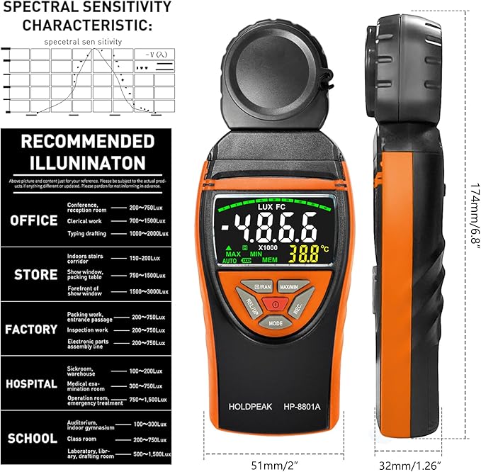 HOLDPEAK Light Meter, Digital Lux Meter 0.1-400,000 Lux, 270º Rotatable Detector, Large Color Backlit Display, Illuminance Meter Temp Luxmeter Lumen Meter for Photography 8801A
