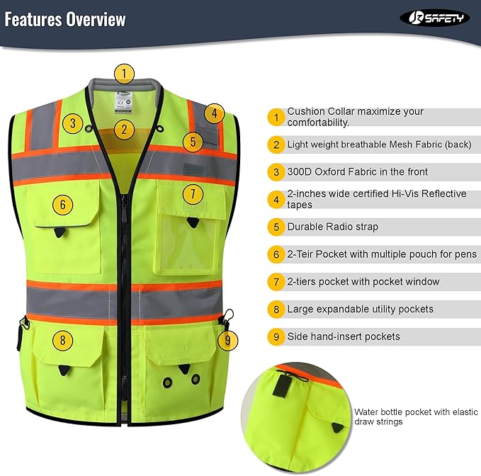 JKSafety Hi-Vis Unisex Surveyor Safety Vest Heavy Duty PPE Inner Pockets ANSI/ISEA Compliant
