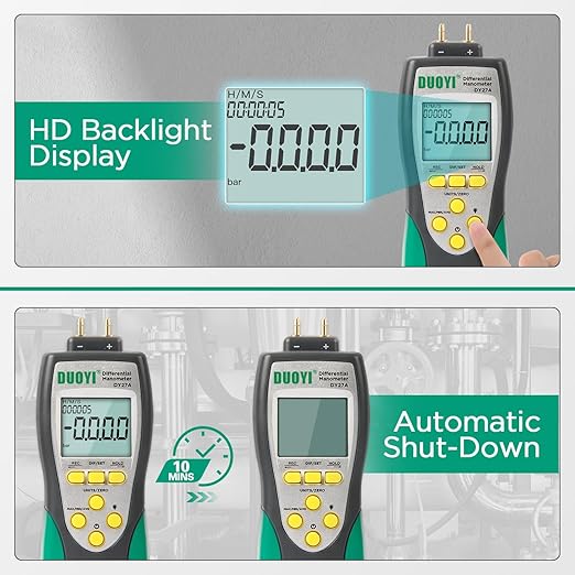 Manometer Gas Pressure Tester ±241.3Kpa/35Psi Wide Range Digital Manometer Lp Gas Pressure Tester with 11 Pressure Units, MAX/MIN/AVG Measurement, Data Storage/Hold, 9V Battery