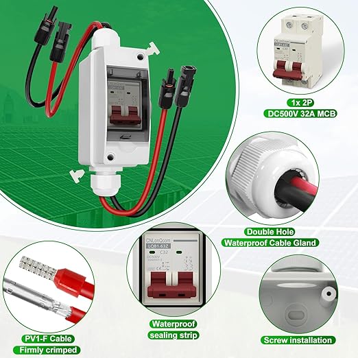 Solar Panel Disconnect Switch 32 Amp 500V DC Miniature Circuit Breaker with 15A Fuse PV Connector and IP65 Waterproof Box for Outdoor PV or AC Stystem