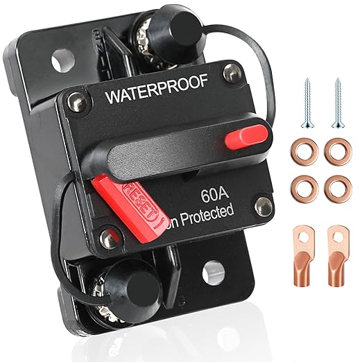 60 Amp Circuit Breaker Fuse Holder with Manual Reset for Car Marine，12V- 48V 60A DC Breaker for Boat Motor, RV, Solar Panel & Car Audio, One-Click Reset, No Fuse Needed