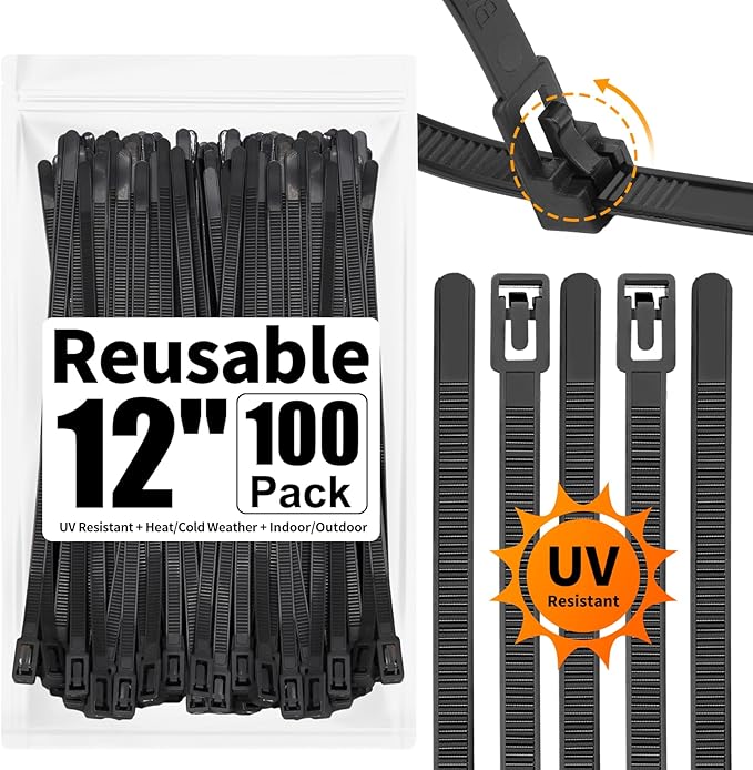 SOOOEC 100 Pack Reusable Zip Ties 12 inch Heavy Duty Outdoor UV Resistant, Releasable Black Zip Ties Indoor Round Ending No Hurt, Cable Ties Reusable Tie Wraps Non Slip Off