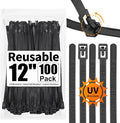 SOOOEC 100 Pack Reusable Zip Ties 12 inch Heavy Duty Outdoor UV Resistant, Releasable Black Zip Ties Indoor Round Ending No Hurt, Cable Ties Reusable Tie Wraps Non Slip Off