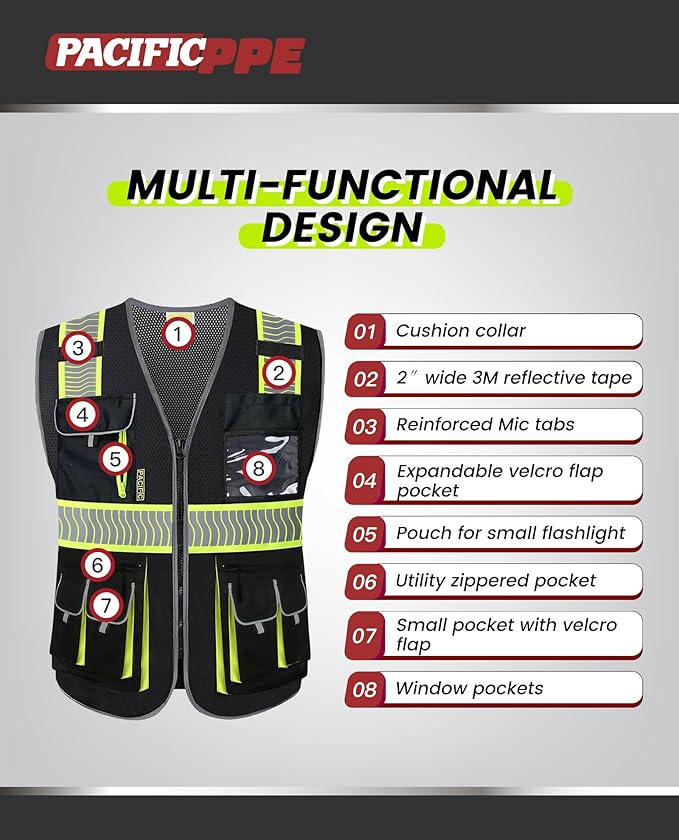PACIFIC 10 Pockets Class 1 Safety Vest for Men, 3M High Visibility Reflective Strips, Meets ANSI/ISEA Standard, Black, Large