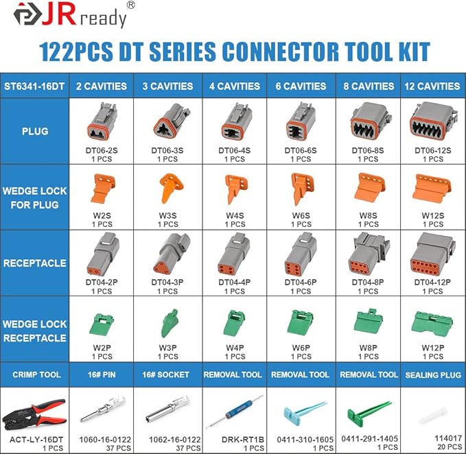 JRready Deutsch Crimp Tool ACT-LY-16DT with 2 3 4 6 8 12Pin DT Connector 1Kit 35Pairs Stamped Contacts, 3 PCS deutsch pin removal tools ST6341-16DT