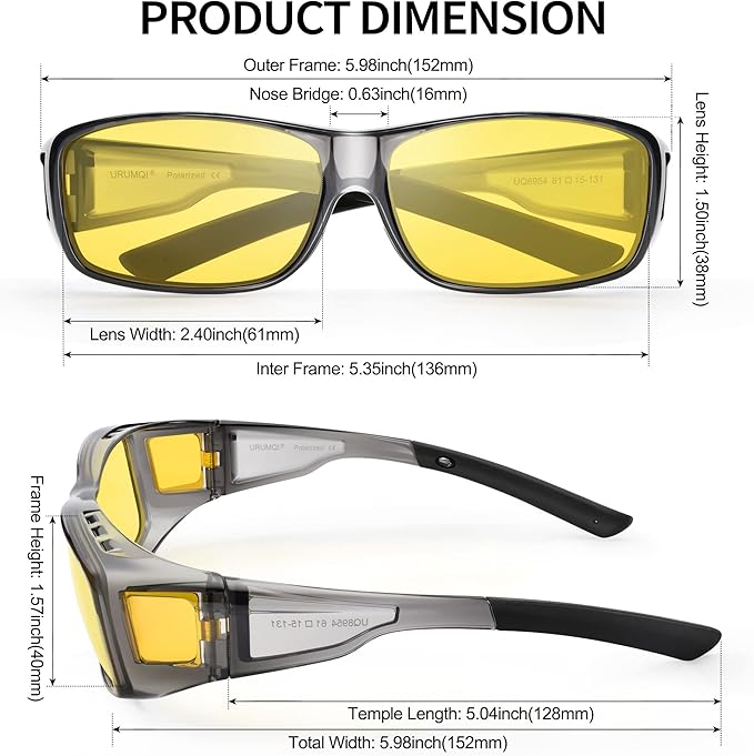 URUMQI Night Vision Driving Glasses Fit Over Eyeglasses for Men Women, Anti Glare Polarized Nighttime Glasses Yellow Lens