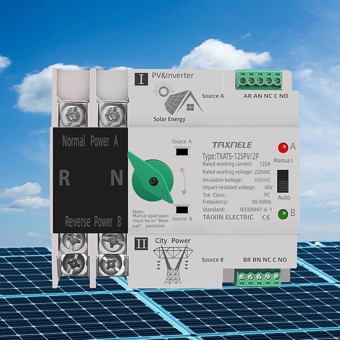 Dual Power Automatic Transfer Switch Selector Uninterrupted Power 2P 63A 100A 125A Photovoltaic Automatic Changeover Toggle Switch Din Rail ATS PV Solar Inverter UPS (63A(PV))
