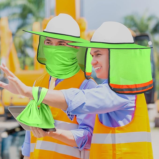 SATINIOR 2 Pcs Sun Hard Hat Neck Protection High Visibility Full Brim Mesh Sun Protection and Neck Gaiter Bandana Face Scarf for Construction Helmet Hard Hat Accessories, Reflective(Green)