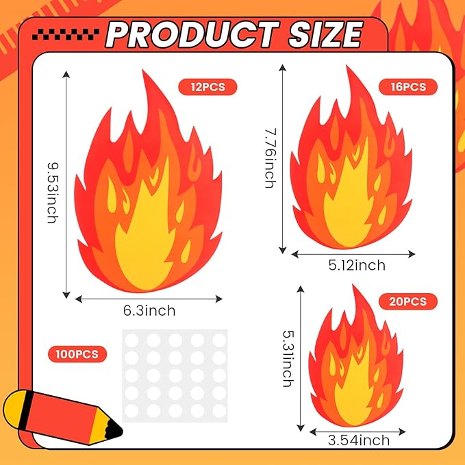 48 Pcs Fire Stickers 3 Sizes Fire Party Decorations Set Flame Cutouts Flame Decals for Firefighter Birthday Survivor Camping BBQ Party Decorations Supplies with Adhesive Dots