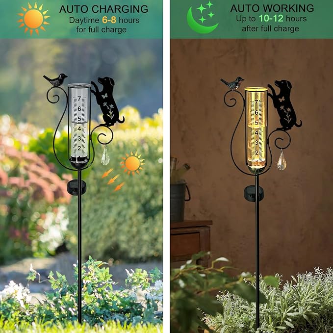 Outdoor rain Gauge Accurate Outdoor rain Gauge Garden rain Gauge with Black Dog and Bird Solar Light Stake Decorative rain Gauge for Garden Patio Lawn with Large Numbers 37 in Tall