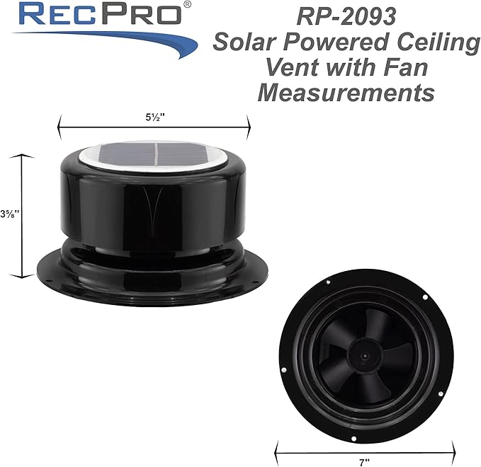 RecPro RV Solar Ventilation Fan | Solar Powered Ceiling Vent with Fan | For RV, Marine, Camper, Shed, Trailer (White)