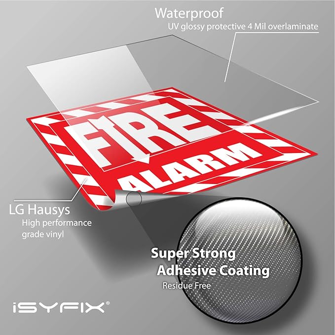iSYFIX Fire Alarm Sticker Signs Stickers - 4 Pack 6x7 Inch - Premium Self-Adhesive Vinyl, Laminated for Ultimate UV, Weather, Scratch, Water and Fade Resistance, Indoor and Outdoor Red