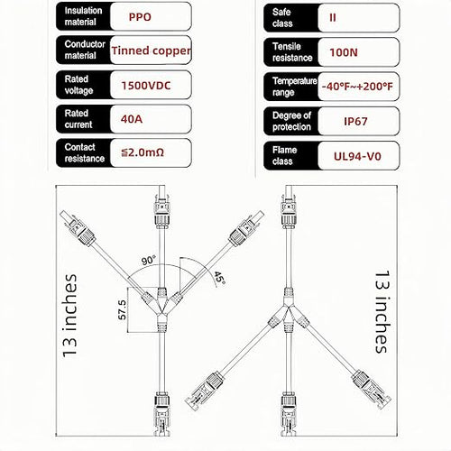 1 Pair Solar Y connectors 1 to 3-Turn Waterproof Parallel Solar connectors, 10AWG tinned Copper Solar Panel Cable Plug connectors (M/FFF and F/MMM)