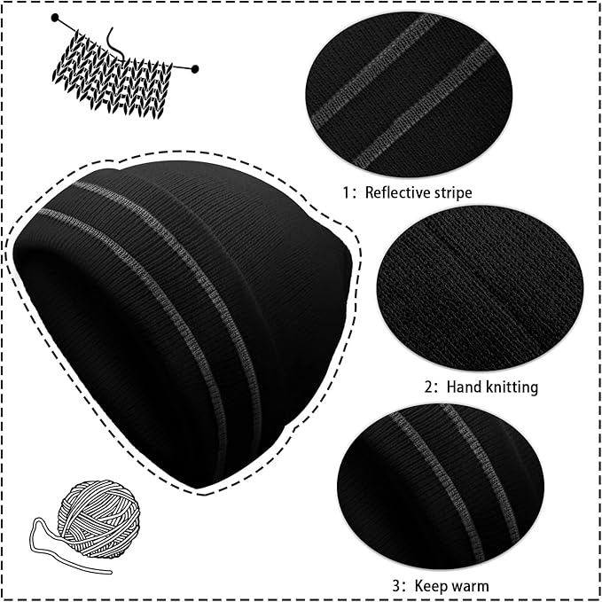 JenPen 3 Pcs Safety Beanie Reflective Hat Winter High Visibility Unisex Knit Beanie Hat Running Cap Headwear for Men Women