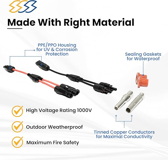 Pack of 2 Solar Y Branch Connectors - IP68 Waterproof Solar Panel Cable Connectors - Solar Branch Connector for Parallel Connection, Inspected & Kitted in The US, M/F (12 Awg Wire)