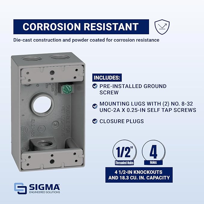 Sigma Electric, Gray Count (Pack of 1) Sigma Engineered Solutions, 14251 1/2-Inch 4 Hole 1-Gang Box