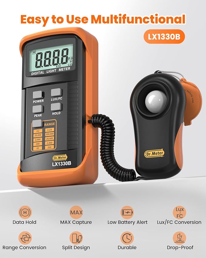 LX1330B Digital Illuminance Light Meter, 0-200,000 Measurement Range Lux Meter, Lighting Intensity Brightness Measurement for Indoor Outdoor, Light Meters for Plants