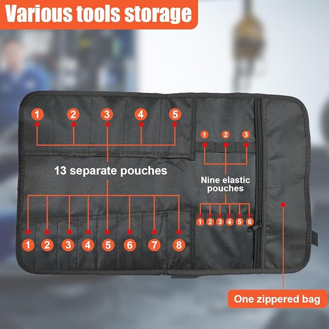 23 Pocket Car Tool Bag Roll Up Organizer - Portable Wrench Organizer & Tools Storage Bag with Zipper Pouch - Roll Up Tool Pouch with Easy-Grab Handle for Men Dad Boyfriend Mechanic (Black)
