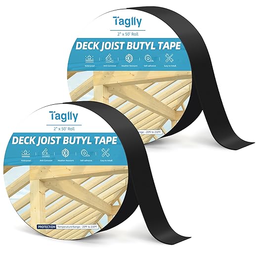 Butyl Joist Tape for Decking 2" x 50', 2 Rolls Weather-Resistant Deck Joist Tape, Waterproof and Anti-Corrosion, Self-Adhesive Flashing Joists Tape for Wood Decks Beams Roof