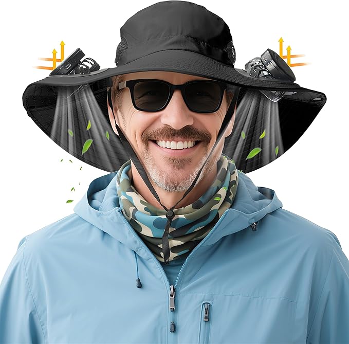 Solar Fan hat, Equipped with Two Detachable Fans, USB/Solar Dual Power Supply, Full Sun Protection,Wide Brim Adjustable