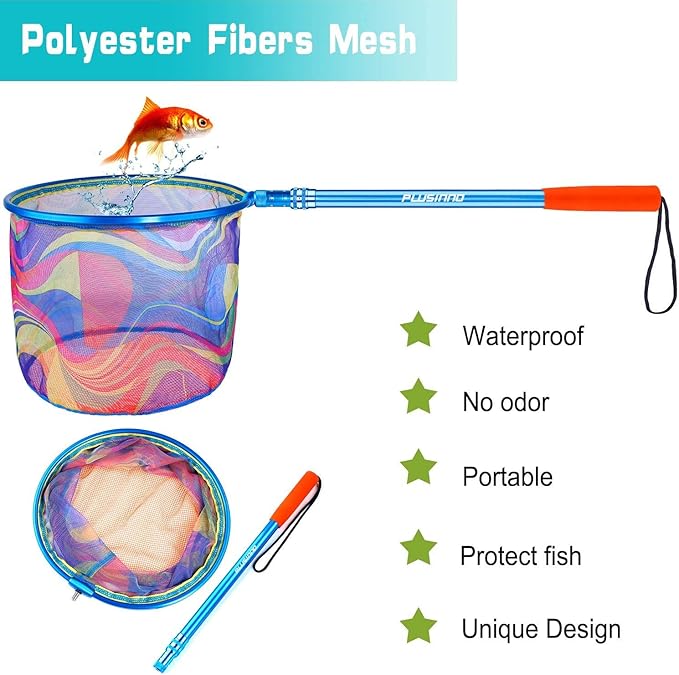 PLUSINNO Kids Fishing Net, Telescopic Lightweight Landing Net with Aluminum Pole Handle and Nylon Mesh, Catch and Release Butterfly Net for Kids Youth Outdoor
