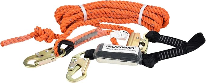 25FT Vertical Lifeline Assemble Three Strand Rope Fall Protection with Rope Grab Snap Hooks Shock Absorber Fall Protection Safety Equipment ANSI Compliant