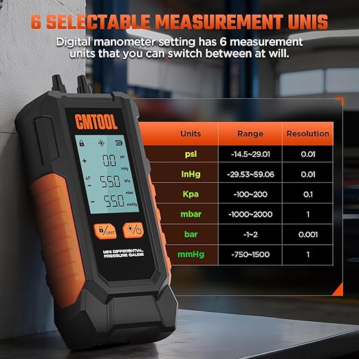 Manometer Gas Pressure Tester, Digital Manometer, -100-200Kpa, 6 Units Differential Pressure Gauge, Max/Min/Data Storage, 2-Port Tester for HVAC/Automotive Brake/Industrial/Lab Calibration (Mini)