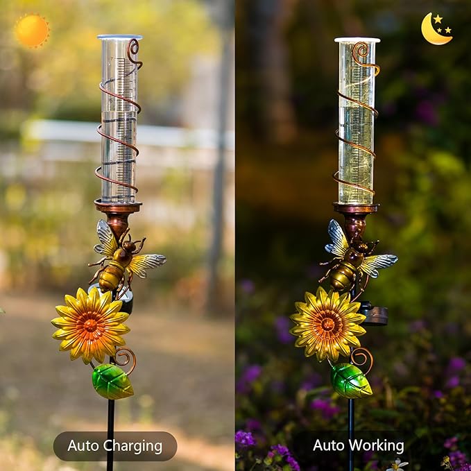 Rain Gauge Outdoor, Solar Rain Gauges for Yard, Freeze Proof Rain Gauge with 7" Plastic Tube, Bee Metal Decorative Garden Stake with Led Light, Yellow