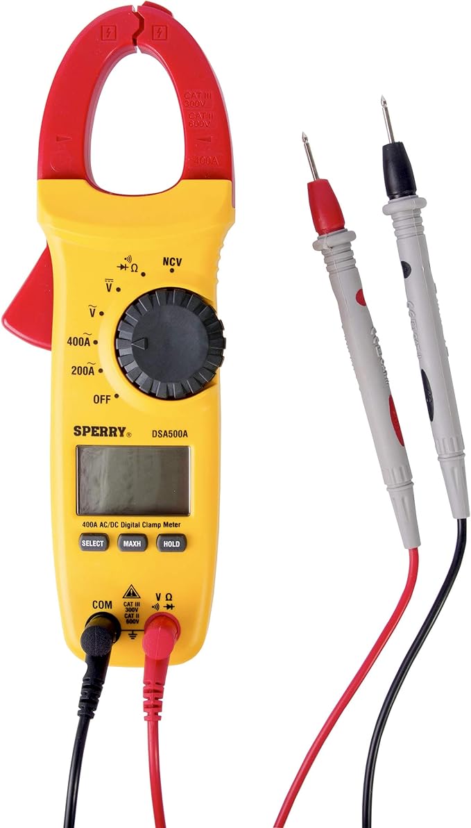 Gardner Bender Sperry Instruments DSA500A Digital Snap-Around Clamp Meter, 5 Function, 9 Range, 400-600V AC/DC, with Case, Measures Outlet & Panel Voltage, Yellow