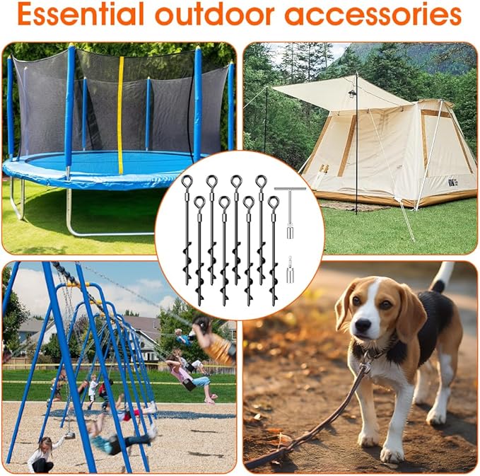Ground Anchors Screw in Trampoline Anchors Heavy Duty Ground Anchors,Tent Stakes for Camping Tent, Trampoline, Canopies, Carports, Sheds, Swing Sets, Black Anti-Rust Coating for High Wind (8 X 14)