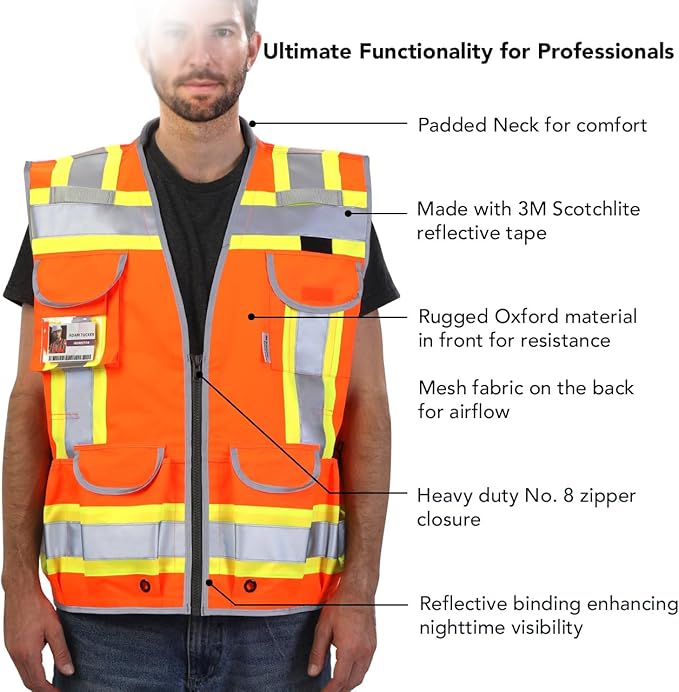 Dib Safety Reflective Vest Heavy Duty, High Visibility Two Tone Engineer Vest, Padded Collar, Retractable ID Pocket, Made with 3M Reflective Tape, Orange XL