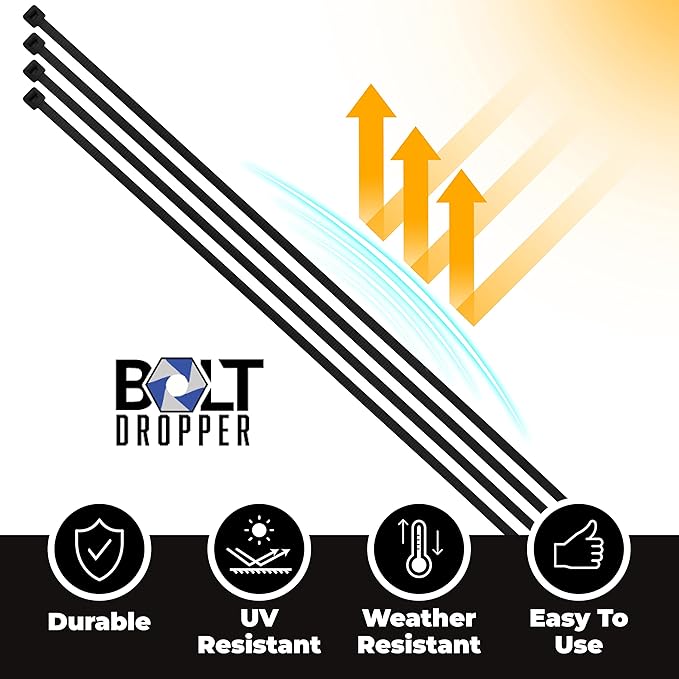 Bolt Dropper 12" Black Zip Cable Ties (100 Set), 120lbs Tensile Strength - Heavy Duty, Self-Locking Durable Plastic Cable Wire Ties for Indoor and Outdoor by Bolt Dropper (Black) (Pack of 5)