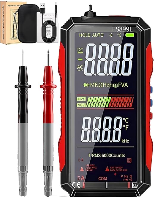 Rechargeable Digital Multimeter 6000 Counts True RMS Smart Tester with 5-Inch Screen, Auto-Range, NCV Detection, Capacitance & Temperature for Home Automotive Industrial Electrical Repairs (Red)