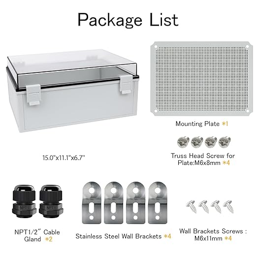 Junction Box IP65 Waterproof ABS Plastic Enclosure Hinged PC Clear Cover Electrical Project Box with Mounting Plate, Wall Brackets, Cable Glands 15.7" x 11.8" x 7.1"