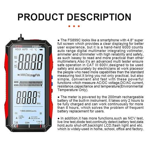 USB Rechargeable Digital Multimeter, 2026 Upgraded Fs899l Multimeter, Automatic Digital Display Multimeter Tester for Home and Industrial Electrical Issues, Multimeter Tester (FS899L)