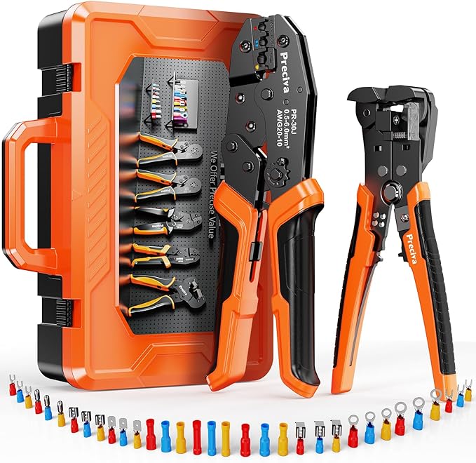 Preciva Crimping Tool for Insulated Terminals Wire Connectors, AWG20-10 Ratchet Crimper with Automatic Wire Stripper and 380 Pcs Insulated Terminals Connectors