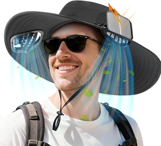 Berlune Men Sun Hat with 2 Solar Fans Wide Brim Outdoor Fishing Hat USB & Solar Powered for Sun Protection Camping Hiking