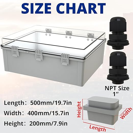 MAKERELE Extra Large Outdoor Waterproof Electrical Box IP67 Clear Waterproof Boxes for Outdoors Enclosure with Hinged Cover with Mounting Plate and 1" NPT*2(19.7"*15.7"*7.9")