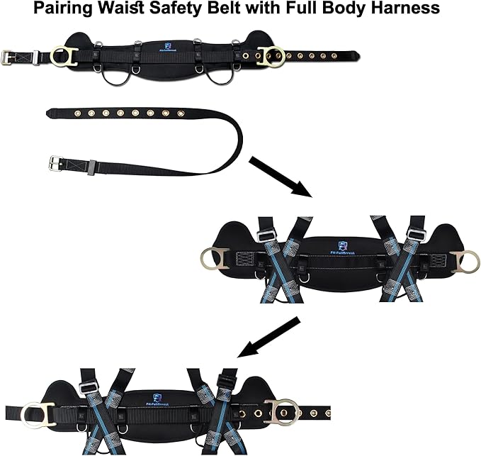 Safety Harness Climbing Belt - Tongue Buckle Safety Belt With Ventable & Moisture-Wicking Waist Pad and 2 Side D-Rings Personal Fall Protection Safety Belt for Work Positioning Restraint