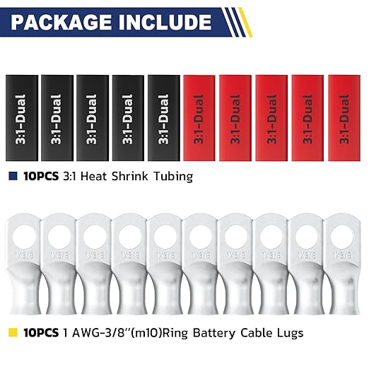 haisstronica 10pcs 1 AWG - 3/8" (M10) Tinned Copper Battery Lugs, Heavy Duty Copper Wire Lugs with 10pcs 3:1 Adhesive Heat Shrink Tubing, 1 Gauge Wire Lugs, Tinned Copper Battery Cable Ends