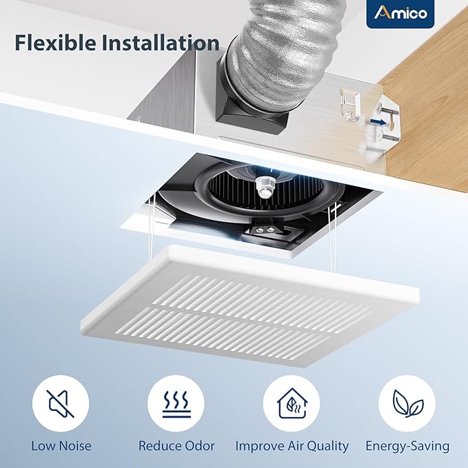 Amico Bathroom Exhaust Fan, 1.5 Sones, 110 CFM, Low Noise, Ceiling Mounted Retrofit Ventilation Fans, 4 Inch Duct, No Attic Access Needed- UL Certified