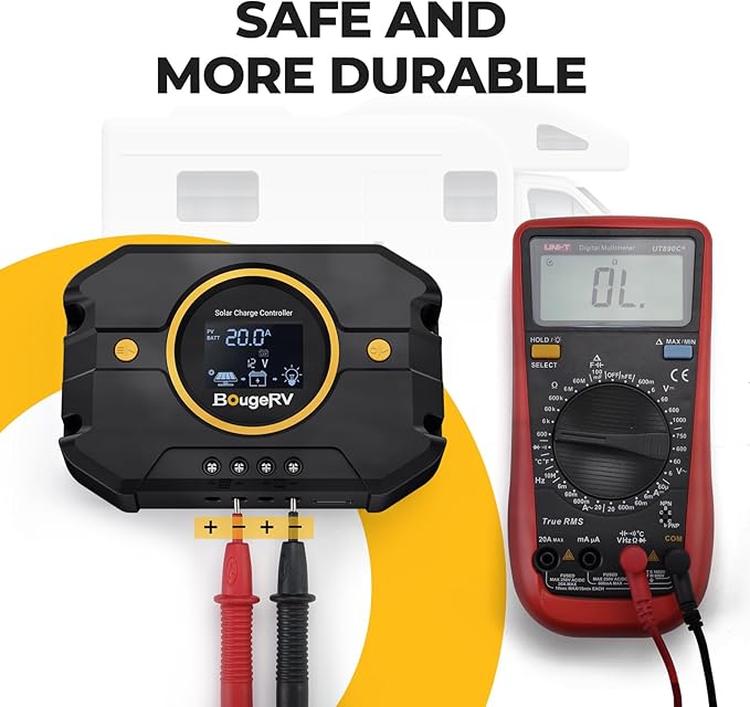 BougeRV Li 20A PWM Solar Charge Controller 12V 24V, Solar Panel Regulator w/Backlit Display, USB Port, Adjustable Parameter, for Lithium, AGM, SLD, Gel Battery, for RV, Off-Gird, Negative Ground