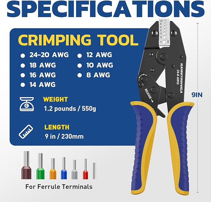 haisstronica ferrule Crimping Tool,24-8 AWG Sleeves Ferrule Ratchet Wire Crimping Tool