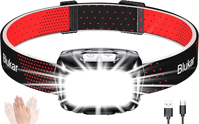 Blukar LED Headlamp Rechargeable,2000L Super Bright Headlight with Motion Sensor -Dimmable Brightness,8 Modes,Spotlight&Floodlight&Red Light Combination,IPX5 Waterproof for Hiking,Camping