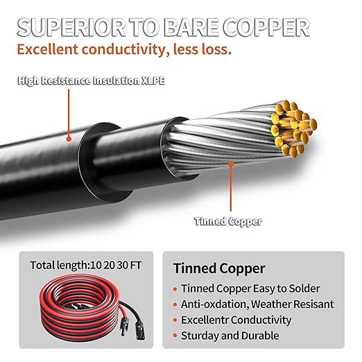 10AWG Solar Extension Cable with Pair of Connectors Solar Panel Adaptor Kit Tool, Solar Panel Extension Cable,10 Gauge Wire,Red and Black(30FT Red + 30FT Black)