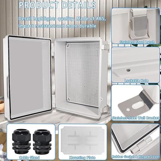 Zulkit Junction Box,IP67 Waterproof Electrical Box Hinged Cover Stainless Steel Buckle Plastic Enclosure for Project w Mounting Plate Wall Bracket and 2 Cable Gland Grey 15"x11"x5.1"/380x280x130mm