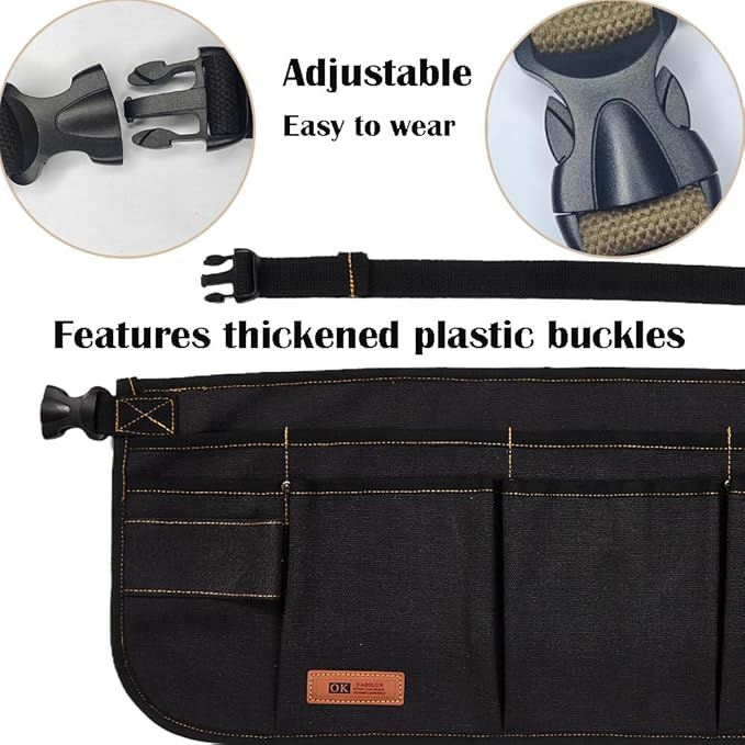 Canvas Work Tool Apron 10 Pockets Waist Apron for Men Women,Adjustable Buckle Closure Tool Bags for Outdoor Work, Woodworkers, Artists and Craftspeople(Black)