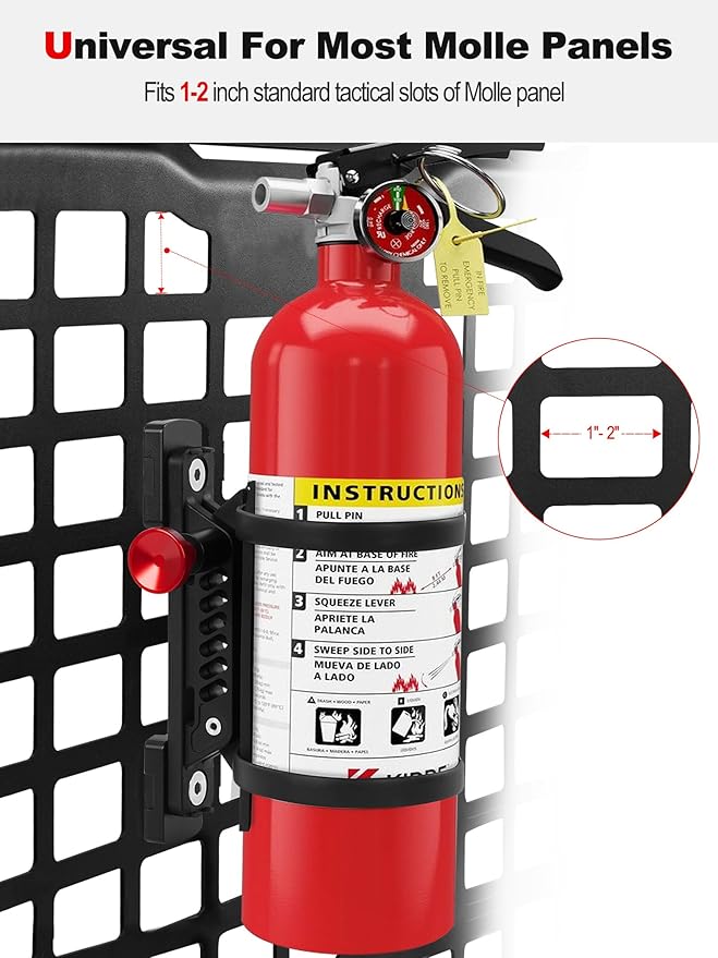 MOLLE Panel Fire Extinguisher Mount Kit Fits 1"-2" Rigid MOLLE Panel Holes, Quick Release Car Fire Extinguisher Mount Holder with 4 Clamps for Vehicles MOLLE Panle Accessories